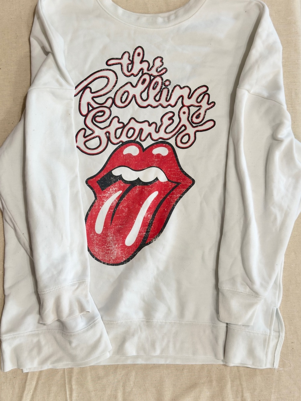 the Rolling Stones White Crewneck Sweatshirt with Red Tongue Graphic